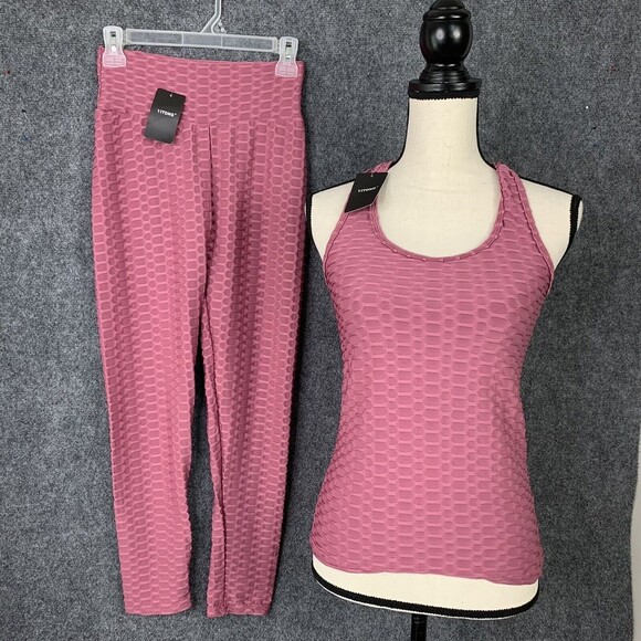 Yotong 2 Piece Set Racerback Top W/Stretch Pants Pink Textured Knit Sz S - Picture 1 of 12